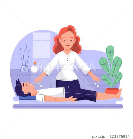 Reiki therapy with woman and man 123576934