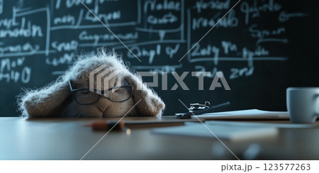 fluffy bunny wearing glasses sits in front of chalkboard 123577263