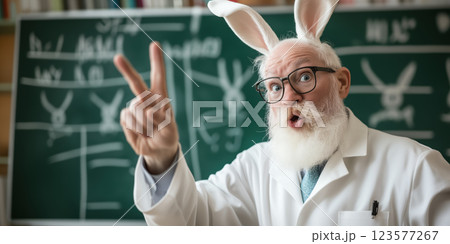 Elderly man with bunny ears teaching in classroom, playful expression 123577267
