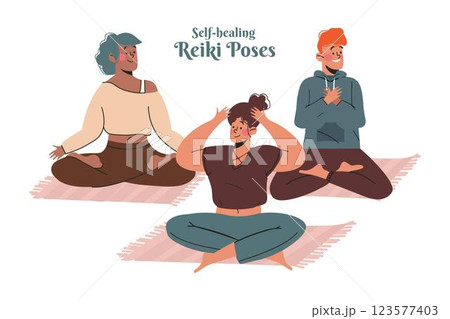 Group of people self-healing reiki poses Group of people self-healing reiki poses 123577403