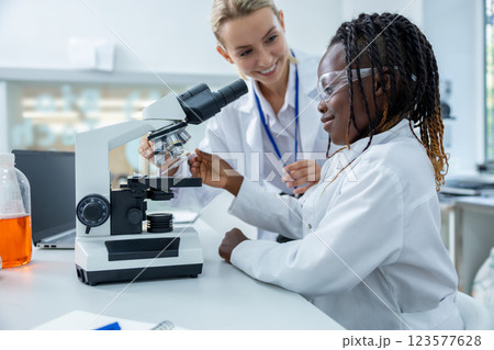 Teacher and a student working in a school scientific laboratory Teacher and a student working in a school scientific laboratory 123577628