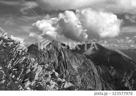 Panoramic view Freyungen mountains from Nordlinger hut on Karwendel Hohenweg, Austria Panoramic view Freyungen mountains from Nordlinger hut on Karwendel Hohenweg, Austria 123577978