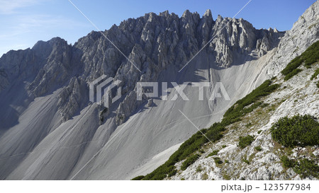 Stempeljoch at Karwendel mountains on Karwendel Hohenweg in Austria Stempeljoch at Karwendel mountains on Karwendel Hohenweg in Austria 123577984