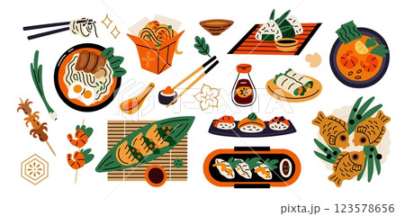 Asian cuisine. Oriental food, chinese, korean, japanese, sushi, noodles vog, taiyaki fish, exotic traditional dishes, shrimp and octopus, cartoon flat style isolated, garish vector set 123578656