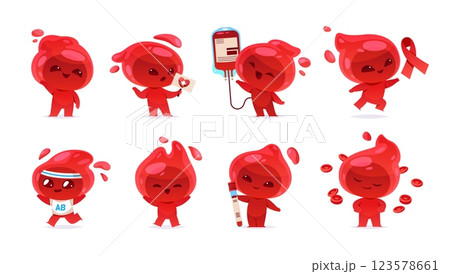 Cartoon blood drop. Cute red mascot, funny creation, donation smiling character, different poses and actions, medical theme. Donation and transfusion tidy vector isolated set 123578661
