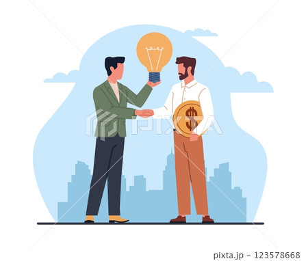 Concept of exchanging ideas between people. Business men hold gold coin and lamp. Changing money. Cooperation and collaboration, investing or crowd funding, Vector cartoon flat illustration 123578668
