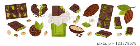Dubai chocolate. Oriental sweetness, cocoa dessert with pistachio and kataifi filling, delicious exotic product, candies, handmade confectionery cartoon flat isolated garish vector set Dubai chocolate. Oriental sweetness, cocoa dessert with pistachio and kataifi filling, delicious exotic product, candies, handmade confectionery cartoon flat isolated garish vector set 123578679