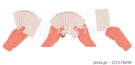 Hands holding blank playing cards. Arm hold empty card. Blank label. Poker game gambling accessories, shuffling and distribution casino person. Cartoon flat style isolated vector concept 123578696
