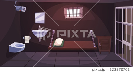 Interior of prison cell. Bed and toilet with sink. Cell interior with lattice. Window and door with steel bars. Imprisonment place. Violation of law, cartoon flat isolated vector concept 123578701