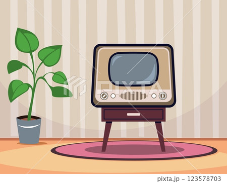 Interior of room with old television. Retro room house, old media technology, carpet and plant. Empty screen. Vintage tv. Nostalgia home. Cartoon flat style isolated vector concept 123578703