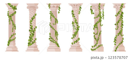 Ivy columns. Marble architectural elements covered with creepers, greek stone pillars, decorative green plants, classic building supports, cartoon flat style isolated nowaday vector set 123578707
