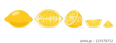 Lemon. Yellow citrus fruit, Whole and half, piece. Tropical ingredient. Fresh exotic food. Lemonade freshness product. Vitamin juicy natural plant. Cartoon flat isolated vector illustration Lemon. Yellow citrus fruit, Whole and half, piece. Tropical ingredient. Fresh exotic food. Lemonade freshness product. Vitamin juicy natural plant. Cartoon flat isolated vector illustration 123578712