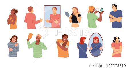 Love and narcissism. Bad and good self love sides, people look in mirrors, hug themselves, psychological problem and mental health, confidence cartoon flat style isolated tidy vector set Love and narcissism. Bad and good self love sides, people look in mirrors, hug themselves, psychological problem and mental health, confidence cartoon flat style isolated tidy vector set 123578719