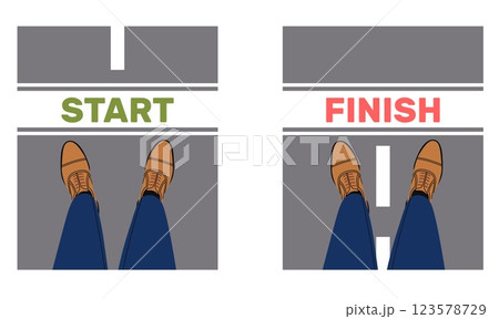 Pair feet in shoes stand front word start and finish. Man standing on road top view. Tournament and competition. Sportsground and stadium. Cartoon flat style isolated vector concept 123578729