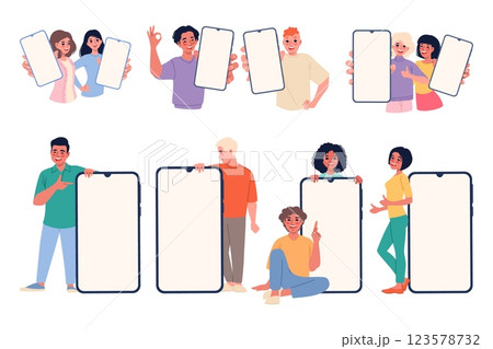 People showing phones. Funny men and women with smartphones, smiling characters hold empty displays, blank screens, empty device screen, cartoon flat style isolated vector classy set People showing phones. Funny men and women with smartphones, smiling characters hold empty displays, blank screens, empty device screen, cartoon flat style isolated vector classy set 123578732