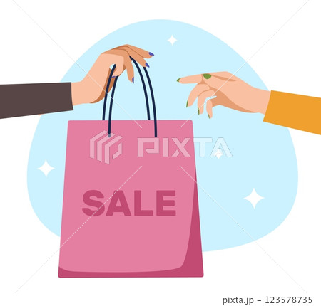 Sale concept. Customer with shopping bag. Discount and special offer. Buyer with purchases. Delivery service. Social media online banner. E-commerce vector cartoon flat illustration 123578735