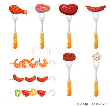 Set forks with barbecued foods. Grilled sausage, meat and fish steak, shrimp and vegetables. bbq cooking. Butcher supplies. Chicken and beef. Vector flat isolated grill product illustration 123578742