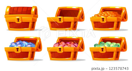 Set of chests with gold coins and gems. Closed and open wood box, empty and full of emeralds and topazes. Pirate treasure. Game ui game icons. Jewelry trunk. Vector isolated 123578743