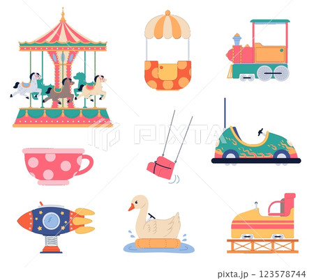Set of childrens swing rides. Amusement park elements. Attraction objects. Rollercoaster, merry-go-round and funfair. Toy horse and cup. Cartoon flat style isolated vector collection Set of childrens swing rides. Amusement park elements. Attraction objects. Rollercoaster, merry-go-round and funfair. Toy horse and cup. Cartoon flat style isolated vector collection 123578744