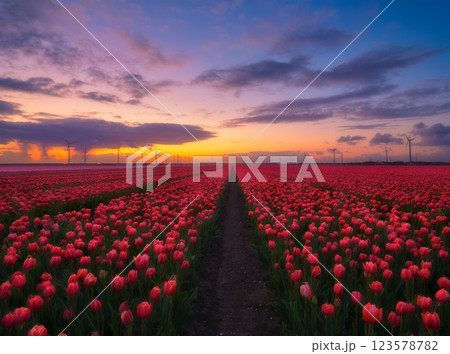 Field with tulips during sunset. Dutch landscape. Rows on the field. Netherlands.  123578782