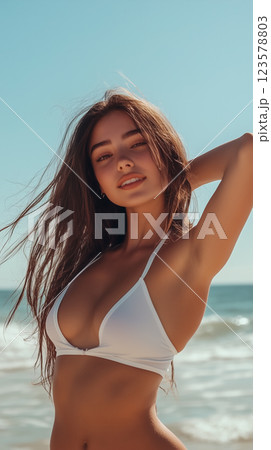 海辺に立つ水着の若い女性/海辺観光・小旅行・海水浴ポスター 123578803