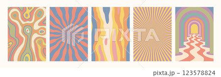 Abstract psychedelic retro pattern set. Groovy backgrounds in retro colors. Trendy twisted funky vector texture in abstract y2k style. Vector graphic for posters and art prints. 123578824