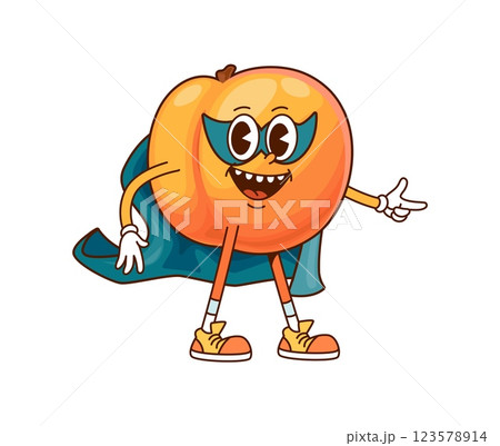 Groovy apricot superhero, fruit cartoon character with mask on funny face, vector super hero. Groovy apricot superhero or secret agent and rescue ranger with funky smile for kids cartoon character Groovy apricot superhero, fruit cartoon character with mask on funny face, vector super hero. Groovy apricot superhero or secret agent and rescue ranger with funky smile for kids cartoon character 123578914