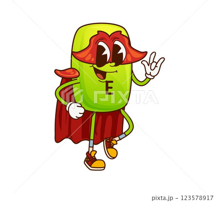 Cartoon groovy vitamin E superhero character. Isolated vector cheerful Tocopherol pill dressed as comic defender with a red cape and mask exuding a funky, energetic retro y2k vibe with a rock gesture Cartoon groovy vitamin E superhero character. Isolated vector cheerful Tocopherol pill dressed as comic defender with a red cape and mask exuding a funky, energetic retro y2k vibe with a rock gesture 123578917