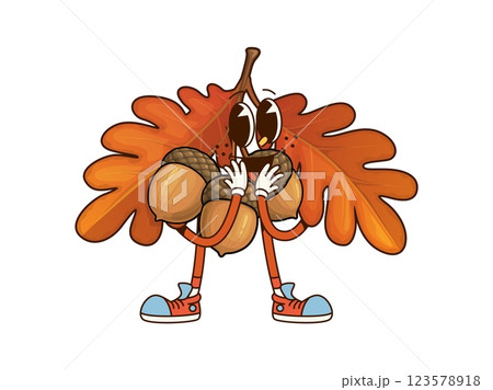Cartoon groovy Thanksgiving oak leaf and acorn character. Autumn holiday happy isolated vector mascot, Thanksgiving celebration or fall season oak tree leaves funny groovy personage 123578918