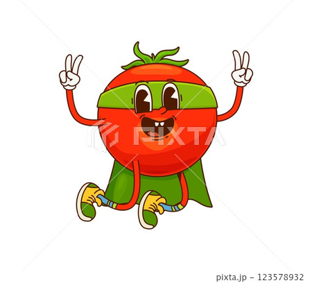 Groovy tomato vegetable superhero character. Isolated cartoon vector fresh veggie, healthy food retro personage with super power. Funny vitamin plant in cloak, mask and sneakers showing peace signs 123578932