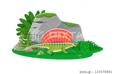 Paleontology Edaphosaurus dinosaur cartoon character. Jurassic era dinosaur, paleontology animal or prehistoric lizard isolated vector personage. Extinct reptile funny character or cute mascot Paleontology Edaphosaurus dinosaur cartoon character. Jurassic era dinosaur, paleontology animal or prehistoric lizard isolated vector personage. Extinct reptile funny character or cute mascot 123578941