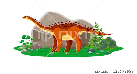 Aegyptosaurus prehistoric dinosaur cartoon character. Isolated vector titanosaurian sauropod dino from Late Cretaceous period. Ancient long necked herbivore reptile animal at lush landscape with rocks 123578955