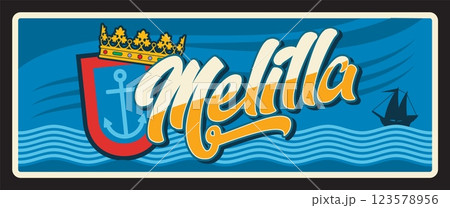 Melilla autonomous city of Spain in North Africa. Vector travel plate, vintage sign, retro postcard design. Seascape with ship on waves, coat of arms and royal crown symbols on banner 123578956