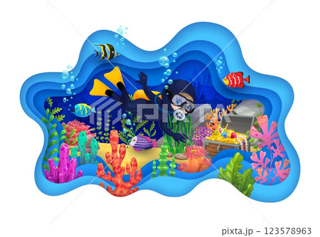 Kid diver with treasure chest at sea underwater landscape, vector paper cut. Kid diver in aqualung diving in ocean undersea for treasure chest with gold and jewels in paper cut tropical underwater Kid diver with treasure chest at sea underwater landscape, vector paper cut. Kid diver in aqualung diving in ocean undersea for treasure chest with gold and jewels in paper cut tropical underwater 123578963