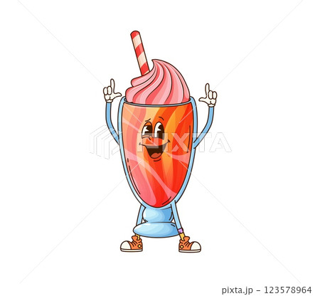Cartoon groovy milkshake cup funny dessert character with smiling playful expression. Isolated vector pink sweet cocktail glass retro personage with whipped cream swirl, straw, wearing hippie sneakers Cartoon groovy milkshake cup funny dessert character with smiling playful expression. Isolated vector pink sweet cocktail glass retro personage with whipped cream swirl, straw, wearing hippie sneakers 123578964
