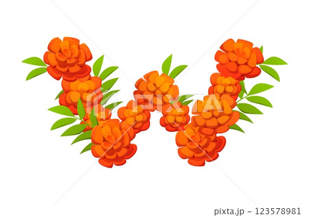 Cartoon Mexican font marigold flower letter W. Day of the Dead flower decoration ABC font symbol. Mexican Dia de los Muertos festival vector English typeset letter or Mexico holiday alphabet element Cartoon Mexican font marigold flower letter W. Day of the Dead flower decoration ABC font symbol. Mexican Dia de los Muertos festival vector English typeset letter or Mexico holiday alphabet element 123578981