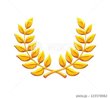 Laurel wreath of golden leaves for badge or game asset, cartoon vector. Royal heraldic wreath of golden laurel leaf branches for best award or top reward and winner triumph or game rank asset Laurel wreath of golden leaves for badge or game asset, cartoon vector. Royal heraldic wreath of golden laurel leaf branches for best award or top reward and winner triumph or game rank asset 123578982