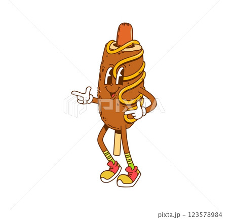 Groovy retro cartoon hippie corn dog character or funny fast food, vector personage. Groovy corndog or fried hot dog sausage with happy smile on funny face and mustard sauce for fast food character Groovy retro cartoon hippie corn dog character or funny fast food, vector personage. Groovy corndog or fried hot dog sausage with happy smile on funny face and mustard sauce for fast food character 123578984