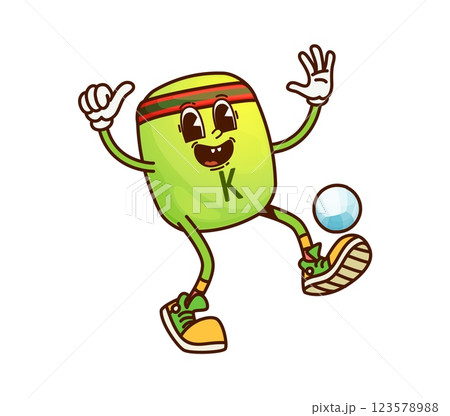 Cartoon groovy Phylloquinone vitamin and micronutrient character kicking the ball. Isolated vector K capsule sportsman retro personage playing soccer of football game in trendy sneakers and headband Cartoon groovy Phylloquinone vitamin and micronutrient character kicking the ball. Isolated vector K capsule sportsman retro personage playing soccer of football game in trendy sneakers and headband 123578988