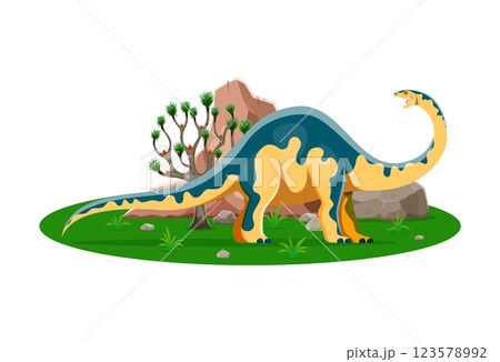 Melanorosaurus prehistoric dinosaur character. Isolated cartoon vector colorful dino animal reptile with long neck and tail, standing in a lush forest landscape with vibrant tree and rocks on field Melanorosaurus prehistoric dinosaur character. Isolated cartoon vector colorful dino animal reptile with long neck and tail, standing in a lush forest landscape with vibrant tree and rocks on field 123578992