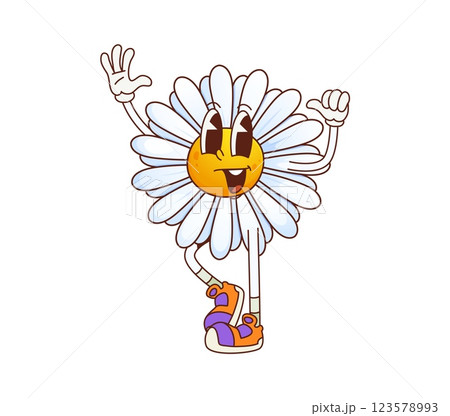 Groovy daisy chamomile flower happy character. Summer daisy cartoon isolated vector character, funky blooming plant funny personage or hippie chamomile flower cheerful happy smiling mascot waving hand Groovy daisy chamomile flower happy character. Summer daisy cartoon isolated vector character, funky blooming plant funny personage or hippie chamomile flower cheerful happy smiling mascot waving hand 123578993
