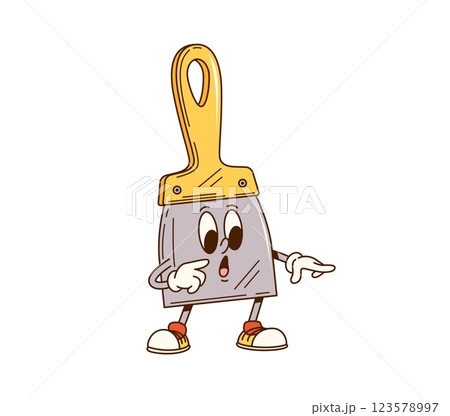 Groovy putty knife cartoon character for repair, construction and DIY tool, vector personage. Groovy putty knife or spackle scraper spatula with freaky silly face and funny smile for tool character Groovy putty knife cartoon character for repair, construction and DIY tool, vector personage. Groovy putty knife or spackle scraper spatula with freaky silly face and funny smile for tool character 123578997