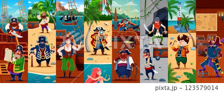 Cartoon funny pirate and corsair characters collage at ship and treasure island vector background. Cute pirate captains and sailors, girl corsair and mermaid characters with guns, swords and map 123579014