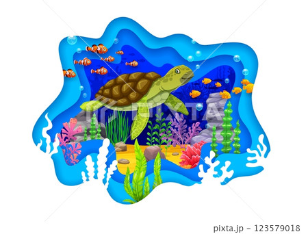 Paper cut underwater sea landscape banner with funny turtle and tropical fish shoals characters. Vector ocean animals, seaweeds and corals cartoon underwater landscape in 3d paper cut layered frame 123579018