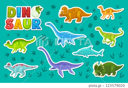 Prehistoric dinosaur, water dino animal and reptile characters stickers pack on vector background of dinosaur footprints. Cartoon cute velociraptor, plesiosaurs, elasmosaurus and dryosaurus stickers 123579020