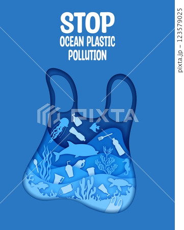 Paper cut plastic bag and waste at the sea, polluted water. Stop ocean plastic pollution ecological awareness poster. 3d vector frame in shape of used bag with marine life and trash floating within 123579025