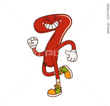Groovy math number seven character. School math number comical funny mascot. Kids education numeric symbol cartoon isolated vector cute character or mathematics digit childish happy personage 123579080