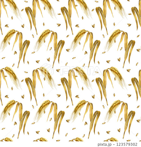 Wheat ears, seamless watercolor pattern of wheat ears, all objects are hand-drawn with watercolor and isolated on a white background. Seamless watercolor pattern. For printing on fabric, paper. 123579302
