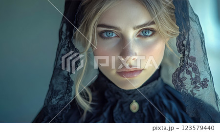 Melancholic 19th century woman in mourning dress standing by window, black lace veil on head Melancholic 19th century woman in mourning dress standing by window, black lace veil on head 123579440