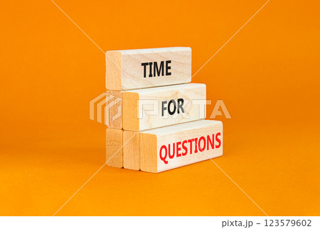 Time for questions symbol. Concept words Time for questions on beautiful wooden blocks. Beautiful orange table orange background. Business time for questions concept. Copy space. 123579602